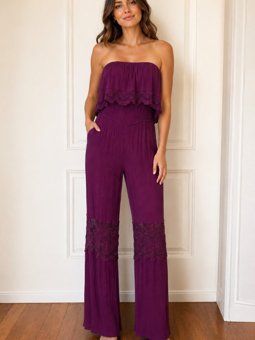 Eyeshadow Plum Purple Strapless Lace Wide Leg Jumpsuit Small
